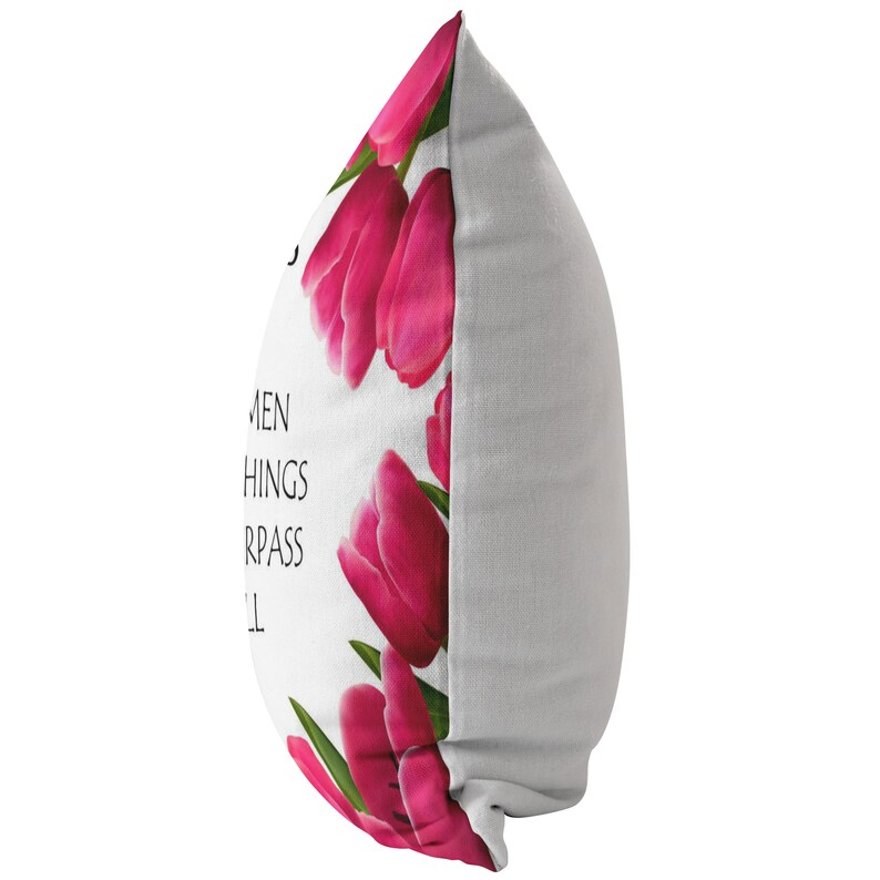 May include: White pillow with a pink floral design and the text "Sometimes the smallest things take up the most room in your heart".