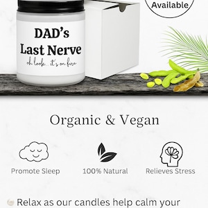 a jar of organic and vegan Dad's Last Nerve, a gift box with options available, and a white box with a green plant and a white cloud. The image also includes icons for promoting sleep, relaxing as candles help calm the heart rate, and relieving stress.