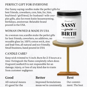 a variety of candles, including a Sassy Birth candle, a woman-made candle, and a natural-looking candle.
