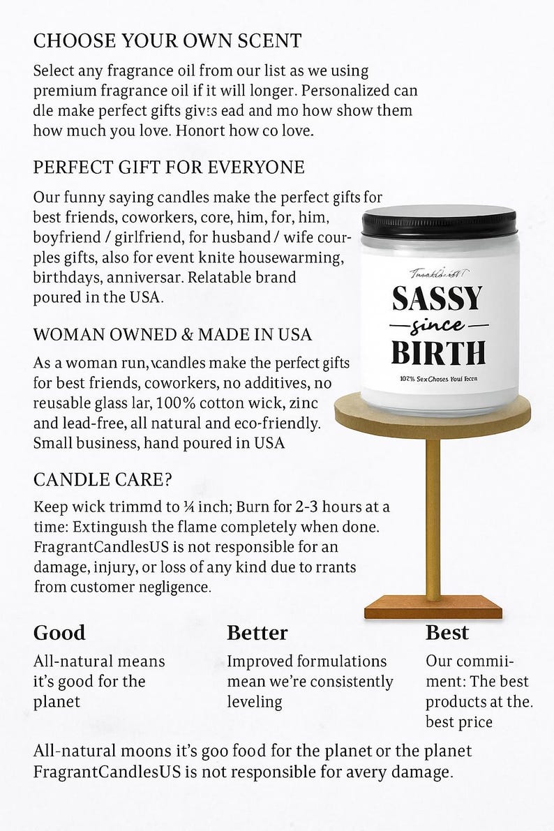 a variety of candles, including a Sassy Birth candle, a woman-made candle, and a natural-looking candle.