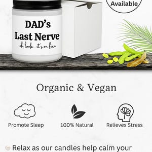 a jar of organic and vegan Dad's Last Nerve, a gift box with options available, and a white box with a green plant and a white cloud. The image also includes icons for promoting sleep, relaxing as candles help calm the heart rate, and relieving stress.