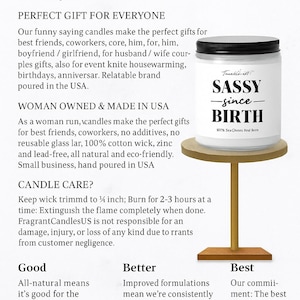 a variety of candles, including a Sassy Birth candle, a woman-made candle, and a natural-looking candle.