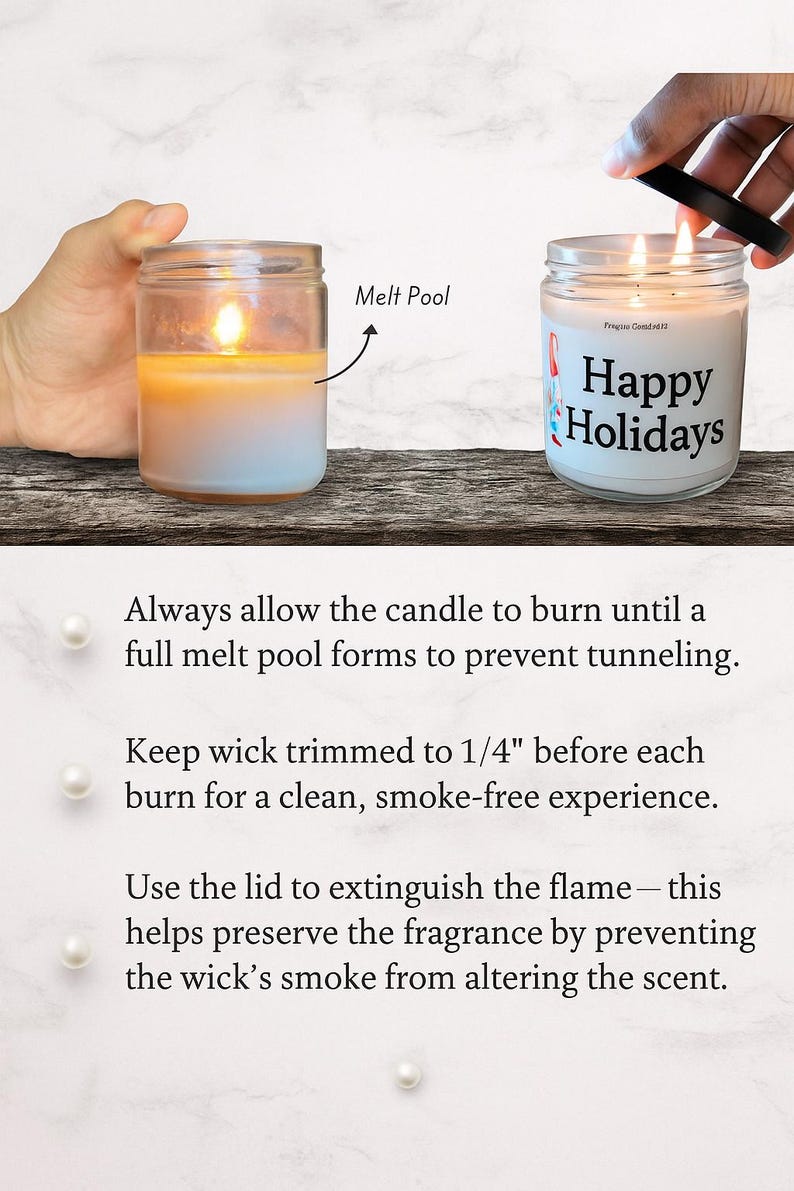 a hand lighting a candle and a hand extinguishing a candle, with instructions on how to properly use a candle.
