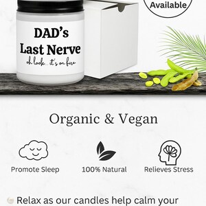 a jar of organic and vegan Dad's Last Nerve, a gift box with options available, and a white box with a green plant and a white cloud. The image also includes icons for promoting sleep, relaxing as candles help calm the heart rate, and relieving stress.