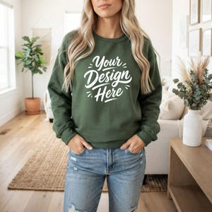 Gildan 18000 Forest Green Mockup, Crewneck Sweatshirt Mockup, Faceless Blonde Lifestyle Model, Oversized Blank Apparel Sweater JPG Download