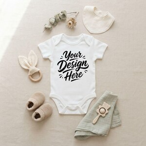 Boho Baby Bodysuit Mockup | Earthy Neutral Background Flatlay | Styled For Rabbit Skins 4400 One Piece | Digital Mockup Photography