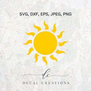 May include: A yellow sun with rays, on a white background with the text "SVG, DXF, EPS, JPEG, PNG" and "DECAL CREATIONS" in black.