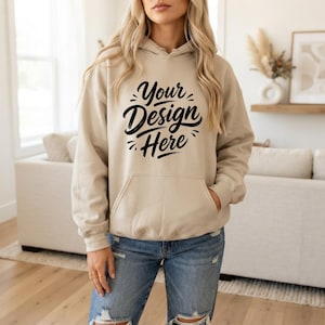 Gildan 18500 SAND Hoodie Mockup, G185 Hooded Sweatshirt Apparel Mock-Up, Real Model Streetwear Photography, Clear High Res JPG, Boho