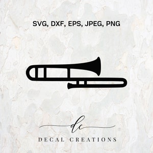 Pode incluir: Silhueta preta e branca de um trombone. A imagem inclui o texto "SVG, DXF, EPS, JPEG, PNG" e "DECAL CREATIONS".