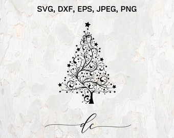 CLOSING DOWN SALE Swirly Christmas Tree Silhouette Clipart Digital Cut File Design Decal  Template Vector Svg,Dxf,Png,Eps