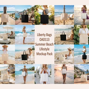 May include: A collection of Liberty Bags OAD113 summer beach lifestyle mockups featuring plain black and white canvas tote bags in various outdoor settings, including sandy beaches, coastal terraces, and sunny seaside locations with people.