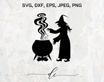 BUY 3 GET 1 FREE..Witch and Cauldron Silhouette Clipart Digital Cut File Design Decal Stencil Template Vector Svg,Dxf,Png,Eps,Jpeg