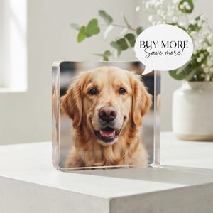 May include: A square clear acrylic block featuring a photographic print of a golden retriever dog with its mouth slightly open. A white speech bubble graphic is attached to the top right corner with the black text BUY MORE Save more!