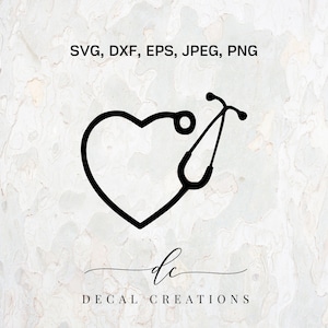 May include: Black and white silhouette of a stethoscope and heart, with the text "Decal Creations" below.