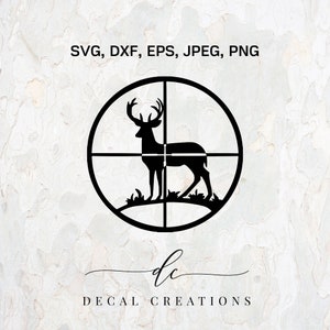May include: Black and white silhouette of a deer in a target scope. The image is a digital download for crafting projects.