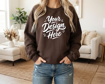Gildan 18000 Dark Chocolate Brown Mockup, Crewneck Sweatshirt Mockup, Blonde Lifestyle Model, Oversized Blank Apparel Sweater JPG Download