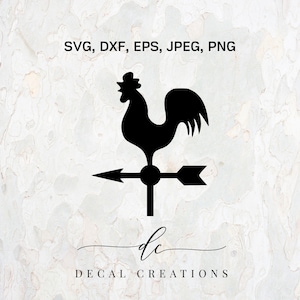 Może przedstawiać: Czarna sylwetka koguta z wiatraczkiem z strzałkami wskazującymi cztery kierunki. Tekst "SVG, DXF, EPS, JPEG, PNG" i "DECAL CREATIONS" znajduje się pod obrazem.