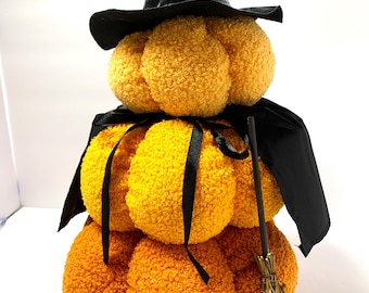 Decoración de mesa de Halloween: Calabaza de peluche naranja apilada, decoración de bruja, 43 cm de alto x 21,5 cm de ancho