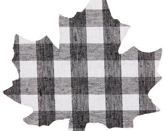 Hojas de arce a cuadros de búfalo en blanco y negro, 4 pulgadas de alto x 4 pulgadas de ancho, tela rígida recortada, 18 cuentas, suministros decorativos para manualidades, leer detalles.