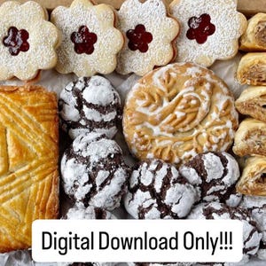 May include: A box of assorted pastries, including flower-shaped cookies with jam centers, chocolate crinkle cookies, and flaky pastries. The image includes the text "Digital Download Only!!!".
