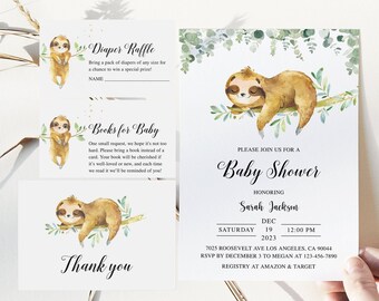 Puede incluir: Un conjunto de papelería blanca con ilustraciones en acuarela de un perezoso y follaje verde. Las tarjetas incluyen texto para una invitación de baby shower, rifa de pañales, solicitud de libros para el bebé y una nota de agradecimiento.