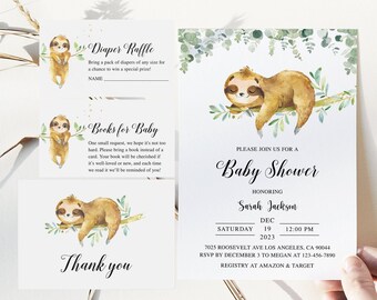 Sloth Baby Shower Invitation, Sloth Baby Shower Invite, Sloth Baby Shower, Sloth Diaper Raffle, Sloth Thank You Card, Sloth Books for Baby