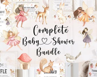 May include: A complete baby shower bundle with a fairy theme, including invitations, games, and thank you tags. The design features fairies, woodland animals, and floral elements in pastel colours. The bundle includes a diaper raffle sign and baby shower games.