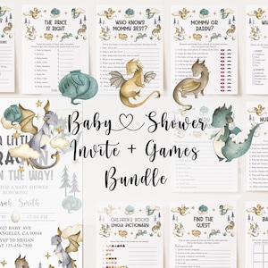 May include: A baby shower invitation and game bundle featuring a dragon theme. The invitation depicts a charming cartoon dragon in a light blue and green colour scheme. The games include a nursery rhyme quiz, a price is right game, a mummy or daddy game, a baby shower bingo game, and a find the guest game.