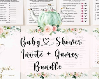 Paquete de baby shower para fiesta de té, paquete floral para baby shower, invitación para baby shower para fiesta de té, un bebé en ciernes, juegos para baby shower para fiesta de té