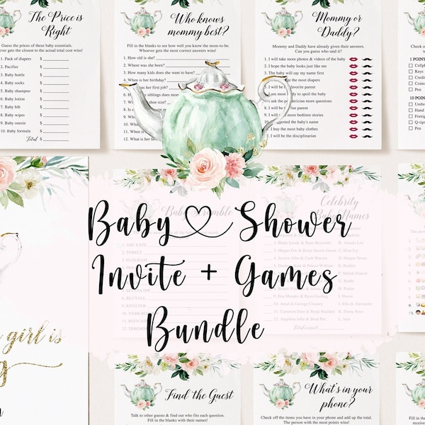 Tea Party Baby Shower Bundle, Floral Baby Shower Bundle, Tea Party Baby Shower Invitation, A Baby is Brewing, Tea Party Baby Shower Games