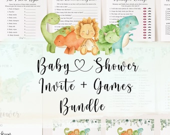 Puede incluir: Un paquete de invitación y juegos para baby shower con ilustraciones de dinosaurios. La invitación incluye detalles del evento, mientras que los juegos incluyen "El precio justo" y "¿Qué hay en tu bolso?". El paquete está decorado con follaje verde.