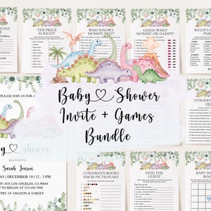 May include: A baby shower invitation and games bundle with a dinosaur theme. The invitation includes event details, and the games include prediction cards, quizzes, and bingo. The design incorporates pastel colours and greenery.