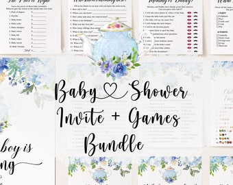 Paquete de baby shower para fiesta de té, paquete floral para baby shower, invitación para baby shower para fiesta de té, un bebé en ciernes, juegos para baby shower para fiesta de té