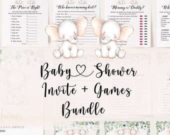 May include: A baby shower invitation and game bundle featuring a cute elephant illustration with pink and green accents. The invitation includes the text "It's Twins!" and the text "Please join us for a baby shower honoring Sarah Jackson". The games include "Baby Predictions for Twins", "The Price is Right", "Who knows mommy best?", "Mommy or Daddy?", "What's in your purse?", "Children's Books Baby Picture Dictionary", "Food the Guest", "What's in your phone?", and "Baby Shower Bingo".
