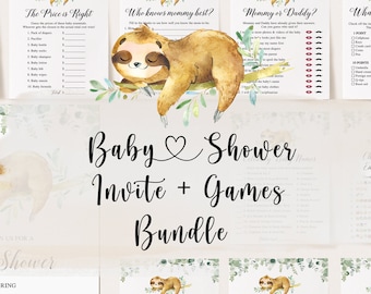 May include: A set of printable baby shower games featuring a sloth design. The games include "Baby Predictions & Advice", "The Price is Right", "Who Knows Mommy Best?", "Mommy or Daddy?", "What's in Your Purse?", "Children's Books Baby Pictionary", "Find the Guest", "What's in Your Phone?", and "Baby Shower Bingo".