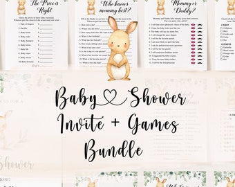 Bunny Baby Shower Bundle, Bunny Baby Shower Invitation, Bunny Baby Shower Games, Rabbit Baby Shower Games, Greenery Baby Shower Games