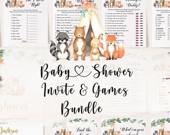 Animals Baby Shower Bundle, Woodland Baby Shower Invitation, Animals Baby Shower Games, Woodland Baby Shower Games, Baby Shower Games Boy