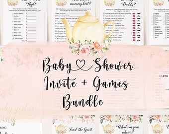 Tea Party Baby Shower Bundle, Floral Baby Shower Bundle, Tea Party Baby Shower Invitation, A Baby is Brewing, Tea Party Baby Shower Games