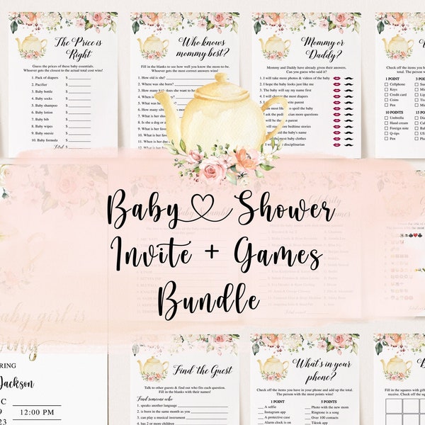 Tea Party Baby Shower Bundle, Floral Baby Shower Bundle, Tea Party Baby Shower Invitation, Un bébé se prépare, Tea Party Baby Shower Games