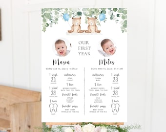 Tableau des jumelles, 1er anniversaire des jumeaux, affiche du 1er anniversaire des jumeaux, panneau des jumelles, décoration du 1er anniversaire des jumeaux