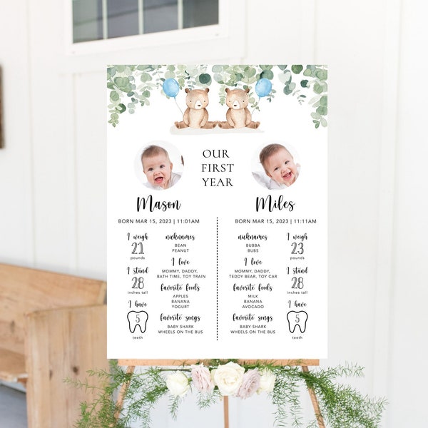 Twins Milestone Board, Twins 1st Birthday Milestone Sign, Twins 1st Birthday Milestone Poster, Twins Milestone Sign, Twin 1st Birthday Decor