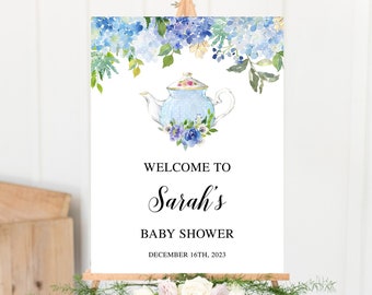 Tea Party Baby Shower Welcome Sign, Baby Shower Welcome Sign, Blue Floral Welcome Sign, Tea Party Baby Shower, Floral Baby Shower Signs