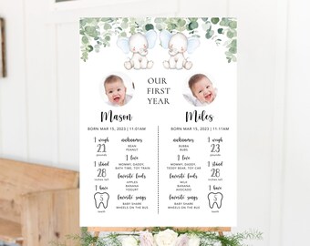 Tableau des jumelles, 1er anniversaire des jumeaux, affiche du 1er anniversaire des jumeaux, panneau des jumelles, décoration du 1er anniversaire des jumeaux