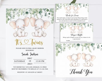 Faire-part de baby shower de jumeaux éléphant, invitation de shower de bébé éléphant de jumeaux, invitation de shower de bébé éléphant de jumeaux, invitation de baby shower de jumeaux