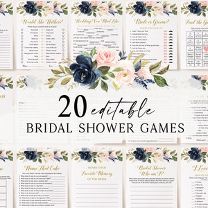 20 Navy Blush Bridal Shower Games, Printable Bridal Shower Games, Floral Bridal Shower, Wedding Shower Games, Bachelorette Party Games image 1