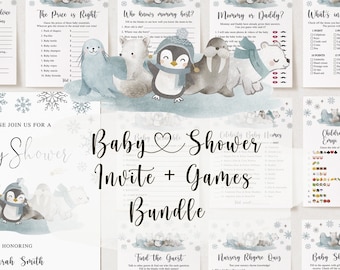 May include: A printable baby shower invitation and game bundle with a winter theme. The invitation features a penguin, polar bear, and seal with snowflakes in the background. The games include "Baby Predictions & Advice", "The Price is Right", "Who knows mommy best?", "Mommy or Daddy?", "What's in your purse?", "Children's Books Emoji Pictionary", "Find the Guest", "Nursery Rhyme Quiz", and "Baby Shower Bingo".