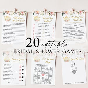 May include: A set of 20 printable bridal shower games featuring a teacup and floral design. The games include "Who Knows the Bride Best?", "Would She Rather?", "Wedding Vow Mad Libs", "Bride or Groom?", "Find the Guest Bingo", and "Guess the Dress".