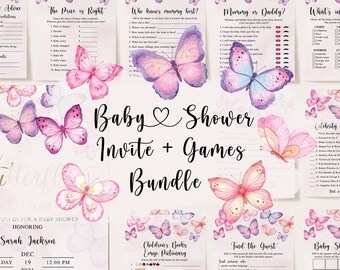 Op de afbeelding: Een baby shower uitnodiging en spelbundel met een aquarel vlinderthema. De uitnodiging toont een roze en paarse vlinder met de tekst "A little butterfly". De spellen omvatten "Baby Predictions & Advice", "The Price is Right", "Who Knows Mommy Best?", "Morning or Daddy?", "What's in Your Purse?", "Celebrity Baby Names", "Children's Books - Emmy's Picking", "Find the Guest", en "Baby Shower Bingo".