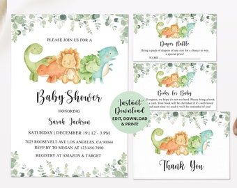 Dinosaur Baby Shower Invitation, Dinosaur Baby Shower, Dinosaur Diaper Raffle, Dinosaur Thank You Card, Dinosaur Books for Baby, Baby Shower