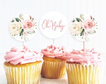 Editable Baby Shower Cupcake Toppers, Floral Baby Shower Cupcake Toppers, Printable Baby Shower Cupcake Toppers, Blush Shower Cupcake Topper